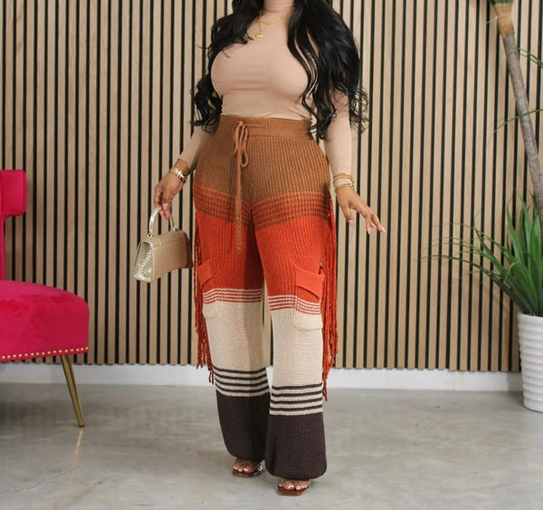 Women Knitted Color Patchwork Fringe Pants