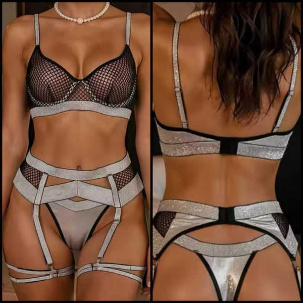 Women Sexy Lace Silver Metallic Lingerie Set
