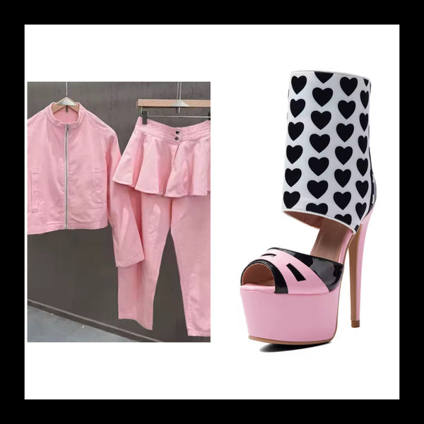 Women Pink Zip Up Jacket Fashion Three Piece Pant Set