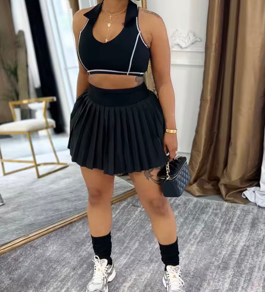 Women Striped Collar Sleeveless Crop Two Piece Pleated Skirt Set