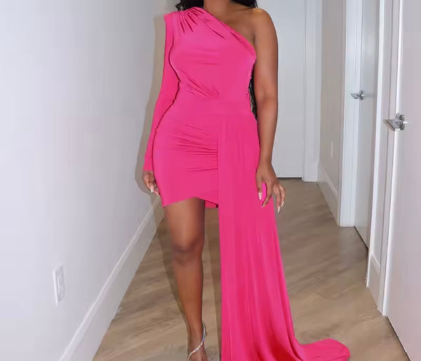 Women Color One Shoulder Full Sleeve Ruched Tassel Dress