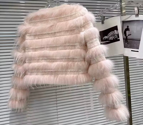 Women Fashion Pink Rhinestone Pearl Faux Fur Jacket