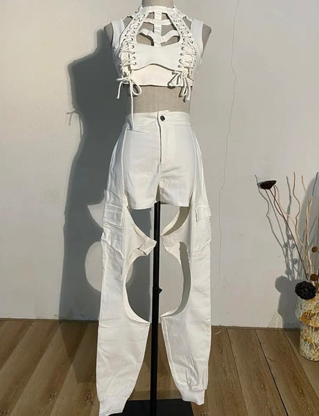 Women White Fashion Sleeveless Cut Out Lace Up Two Piece Pant Set