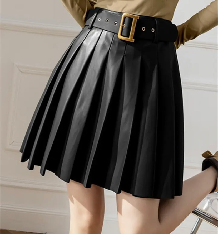 Women Belted Faux Leather Fashion Please Skirt