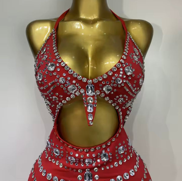 Women Sexy Halter Sleeveless Cut Out Rhinestone Feather Dress