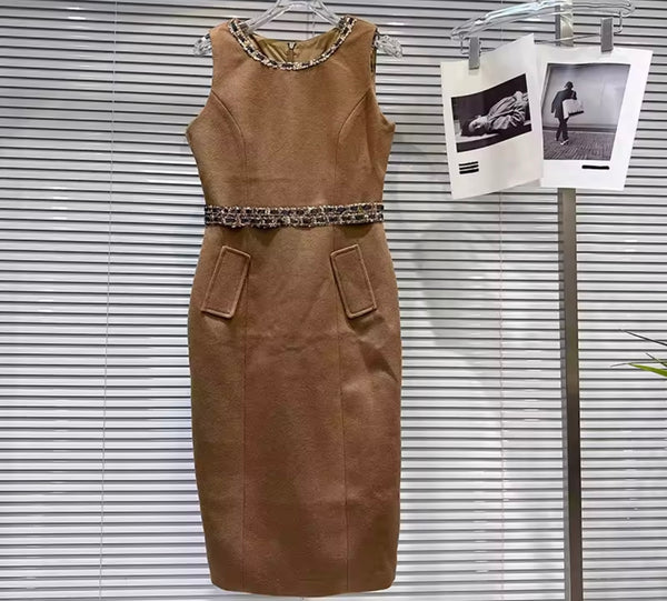 Women Sleeveless Bling Fur Collar Fashion Dress
