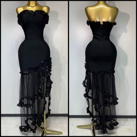 Women Black Ruffled Strapless Mesh Patchwork Maxi Dress