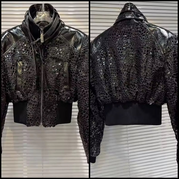 Women Black Fashion Crocodile Shiny Zip Up Jacket