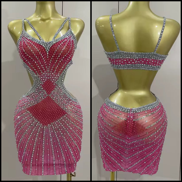 Women Sexy Sleeveless Open Back Pink Rhinestone Dress