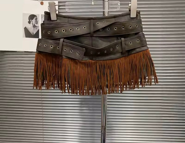 Women Fashion Buckled Fringe Tassel Faux Leather Skirt