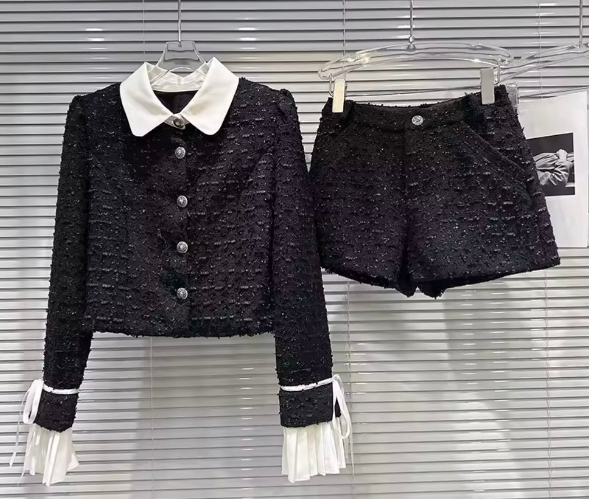 Women B&W Collar Button Up Blazer Two Piece Tweed Short Set