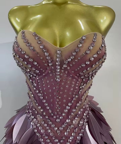 Women Purple Sexy Strapless Sequins Rhinestone Mesh Dress