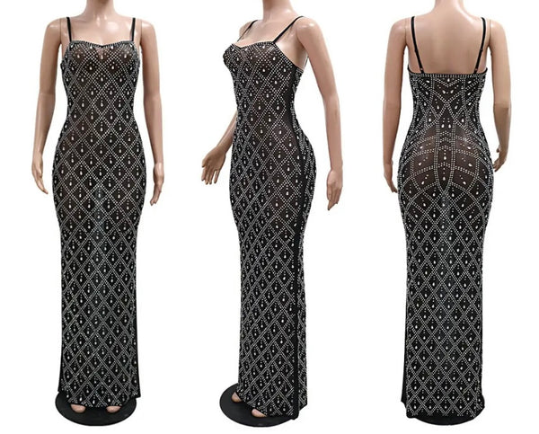 Women Sexy Sleeveless Bling Crystal Mesh Maxi Dress