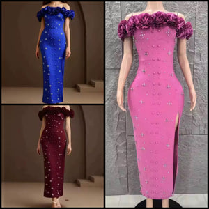 Women Floral Strapless Beaded Rhinestone Maxi Dress