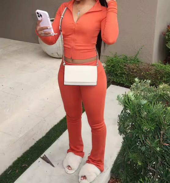 Women Color Zip Up Fashion Tracksuit Two Piece Pant Set