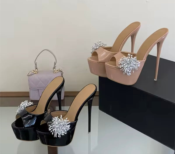 Women Open Toe Patent Leather Rhinestone Platform High Heels