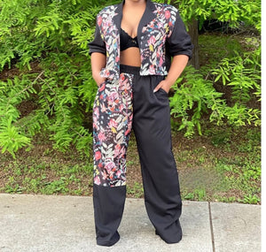 Women Fashion Floral Patchwork Two Piece Tracksuit Pant Set