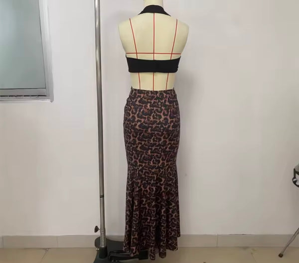 Women Sexy Halter Sleeveless Open Back Leopard Maxi Dress