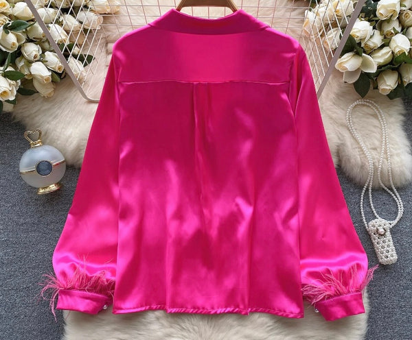 Women Button Up Feather Full Sleeve Fashion Top