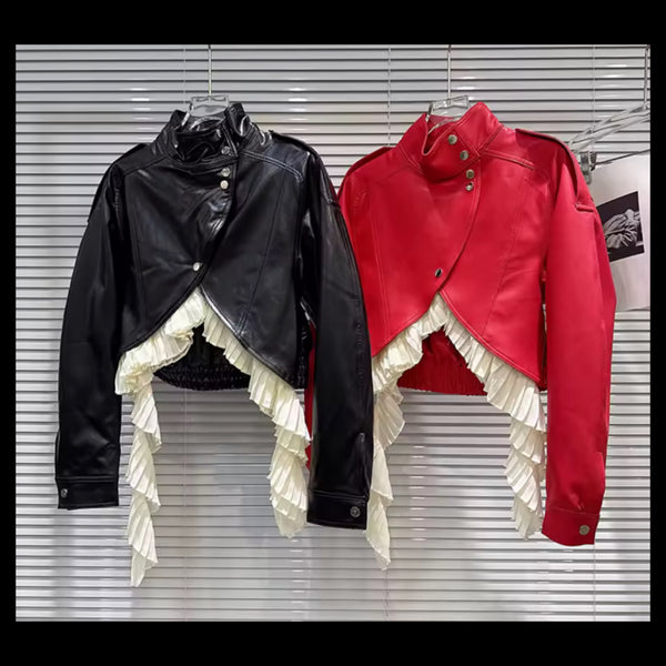Women Fashion Ruffled Button Up Asymmetrical Faux Leather Jacket