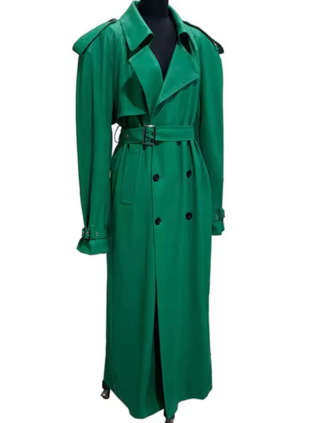 Women Green Faux Leather Fashion Trench Jacket