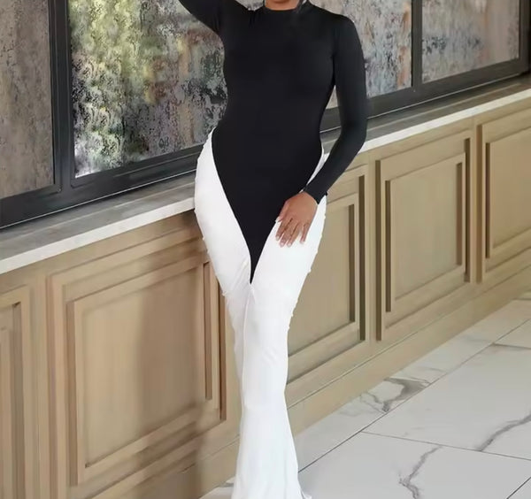 Women B&W Patchwork Ruched Full Sleeve Sexy Maxi Dress