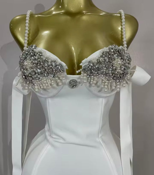 Women Sexy Pearl Rhinestone Sleeveless Bandage Dress