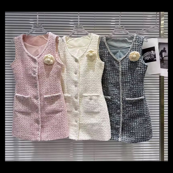 Women Button Up Sleeveless Floral Tweed Dress