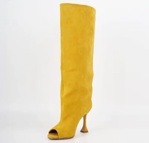 Women Suede Open Toe Fashion High Heel Knee Length Boots