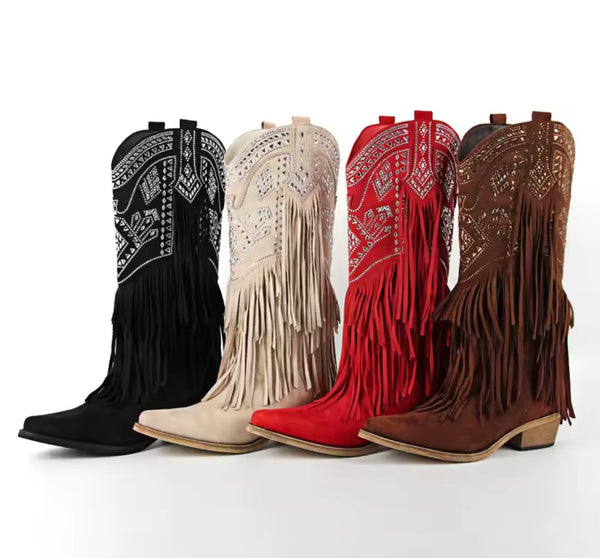 Women Fashion Suede Bling Fringe Tassel Western Boots