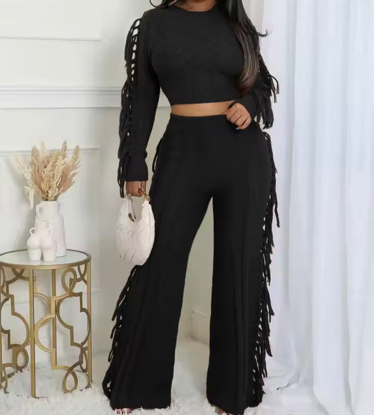Women Fringe Fashion Full Sleeve Sweater Two Piece Pant Set