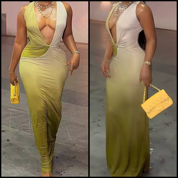 Women Sexy Deep V-Neck Sleeveless Gradient Maxi Dress