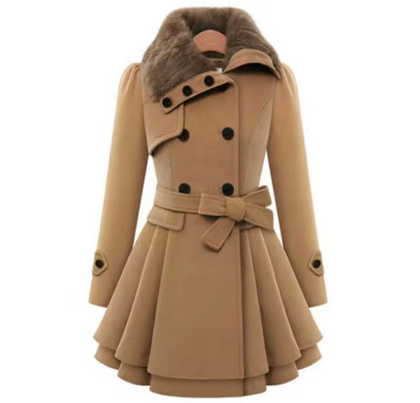 Women Fashion Fur Collar Button Up Ruffled Jacket