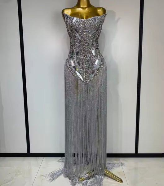 Women Silver Sexy Strapless Rhinestone Fringe Tassel Dress