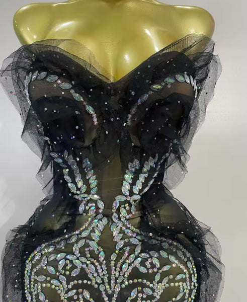 Women Sexy Black Strapless Ruffle Rhinestone Mesh Dress