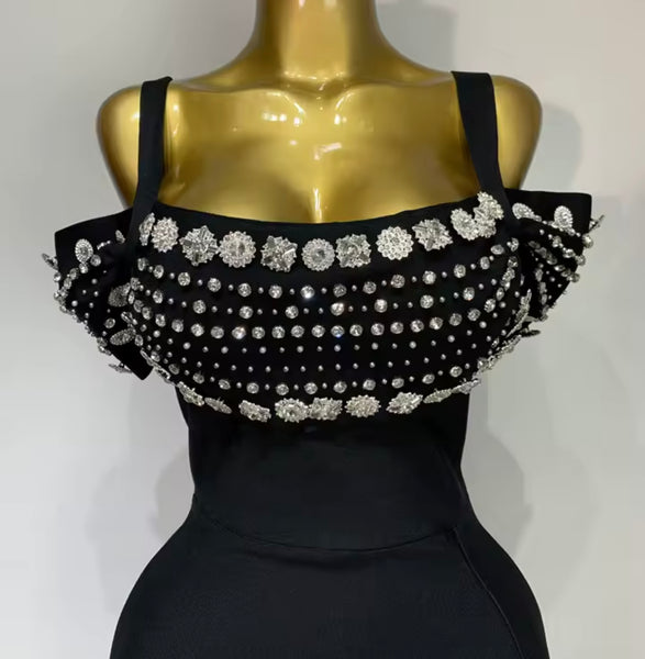 Women Sleeveless Rhinestone Crystal Black Bandage Maxi Dress