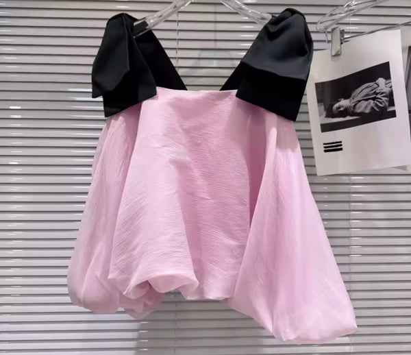 Women Pink Bow Sleeveless Two Piece Skirt Set