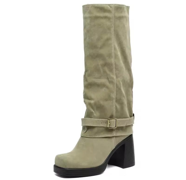 Women Fashion Square Toe Buckled Suede Knee High Boots
