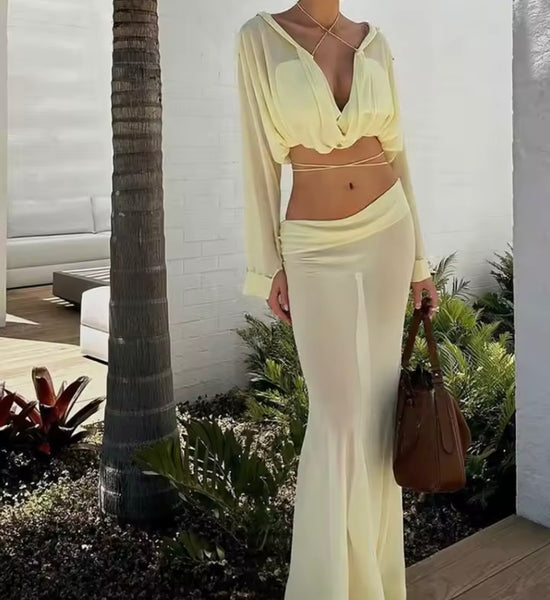 Women Sexy Yellow Full Sleeve Mesh Two Piece Maxi Skirt Set