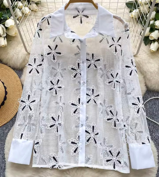 Women Fashion Floral See Through Button Up Full Sleeve Top