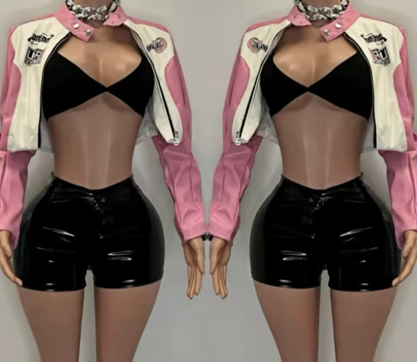 Women Fashion Color Patchwork Three Piece Faux Leather Short Set