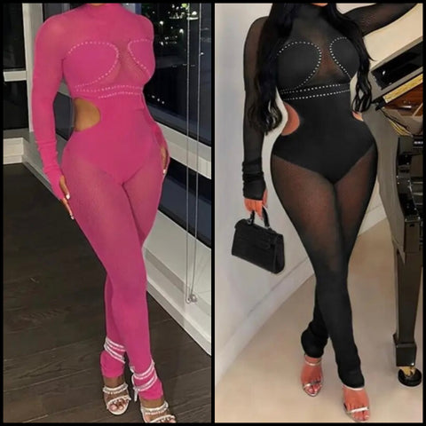Women Sexy Full Sleeve Solid Color Cut Out Mesh Jumpsuit