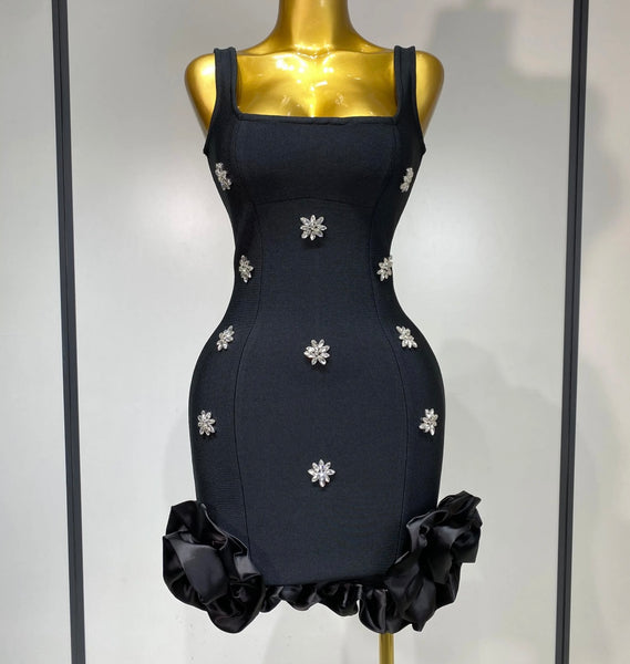Women Black Sexy Sleeveless Crystal Floral Ruffled Dress