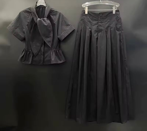 Women Fashion Tie Up Short Sleeve Two Piece Wide Leg Pant Set