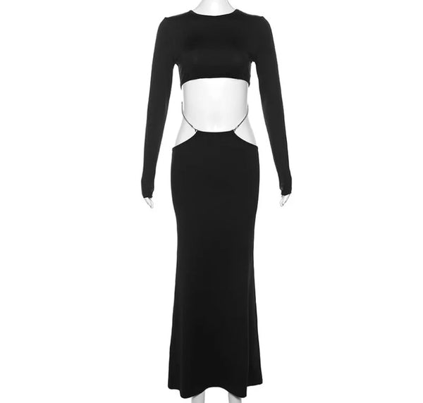 Women Sexy Black Full Sleeve Crop Two Piece Maxi Skirt Set