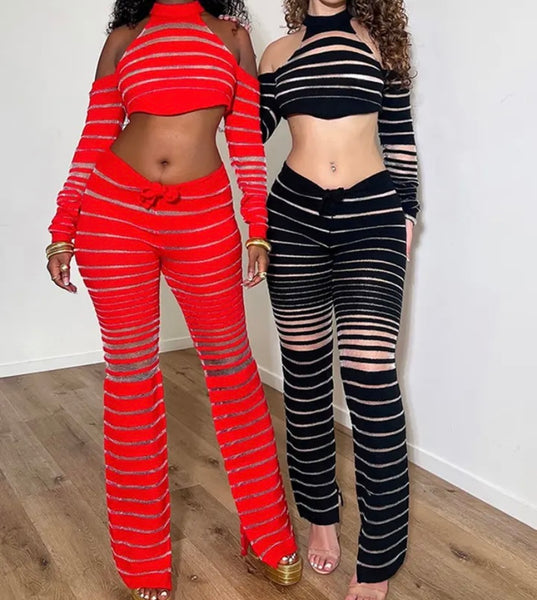 Women Fashion Full Sleeve Mesh Patchwork Two Piece Pant Set