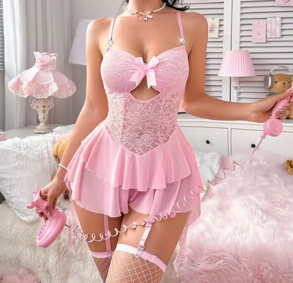 Women Sexy Ruffled Lace Mesh Bow Fishnet Lingerie Set