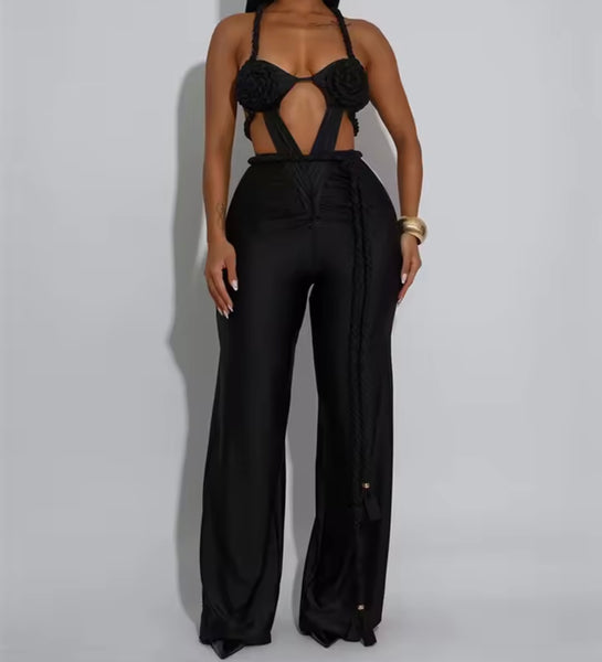 Women Sexy Sleeveless Open Back Tassel Two Piece Pant Set