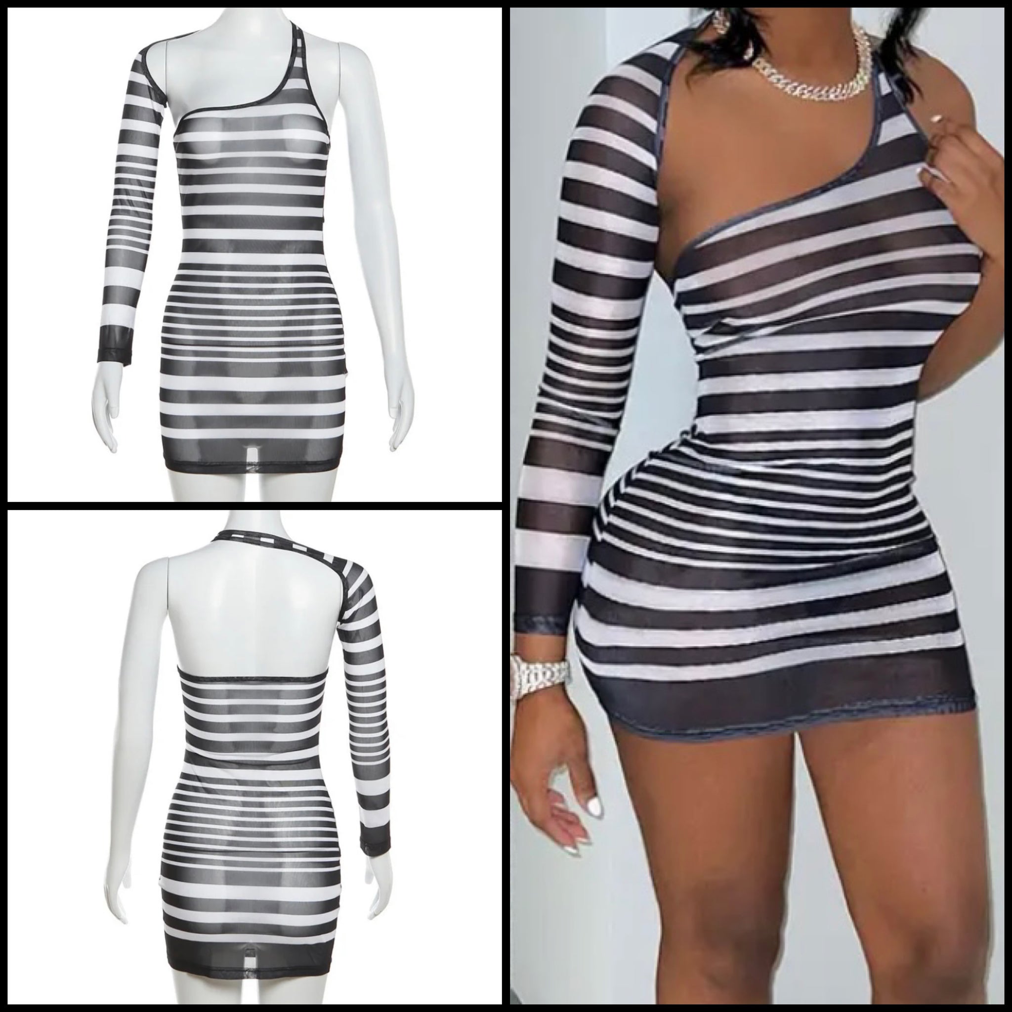 Women Sexy B&W Striped One Shoulder Full Sleeve Dress