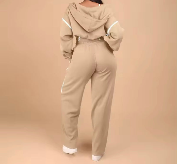Women Fashion Striped Hooded Two Piece Tracksuit Pant Set